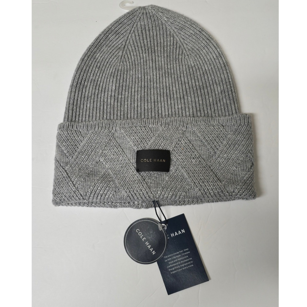 Cole Haan Women Lattice Cuff Beanie Soft Grey Knit Hat 101306 Wool Blend NWT